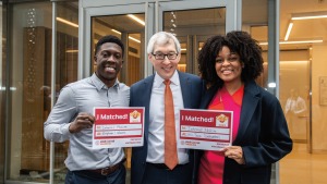 A smiling middle aged Asian man in glasses, wearing a powder blue collared shirt, orange tie and dark blue suit jacket, stands in between two smiling young Black students who are each holding a paper which states the medical centers they’ve matched with for residency. 